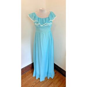 VTG 70s Boho Maxi Dress Blue Polka Dot Prairie Country Ruffle Gunne Handmade